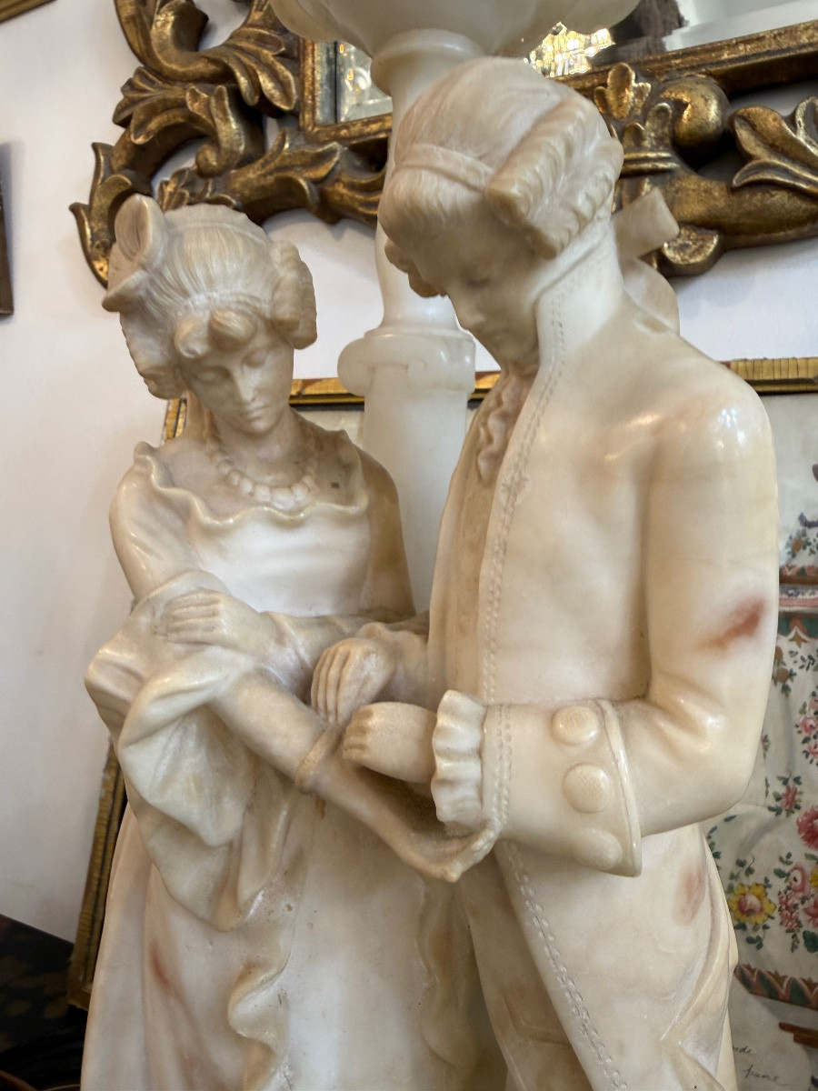Large Marble And Alabaster Lamp – Gallant Scene In The Louis XVI Style-photo-3
