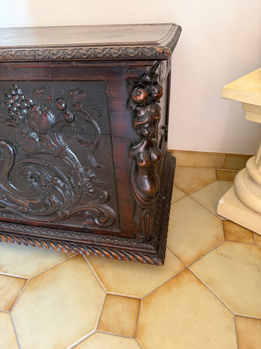 Carved Wood Renaissance Chest With Mythological Decor And Foliage - 17th Century / Renai Style-photo-4