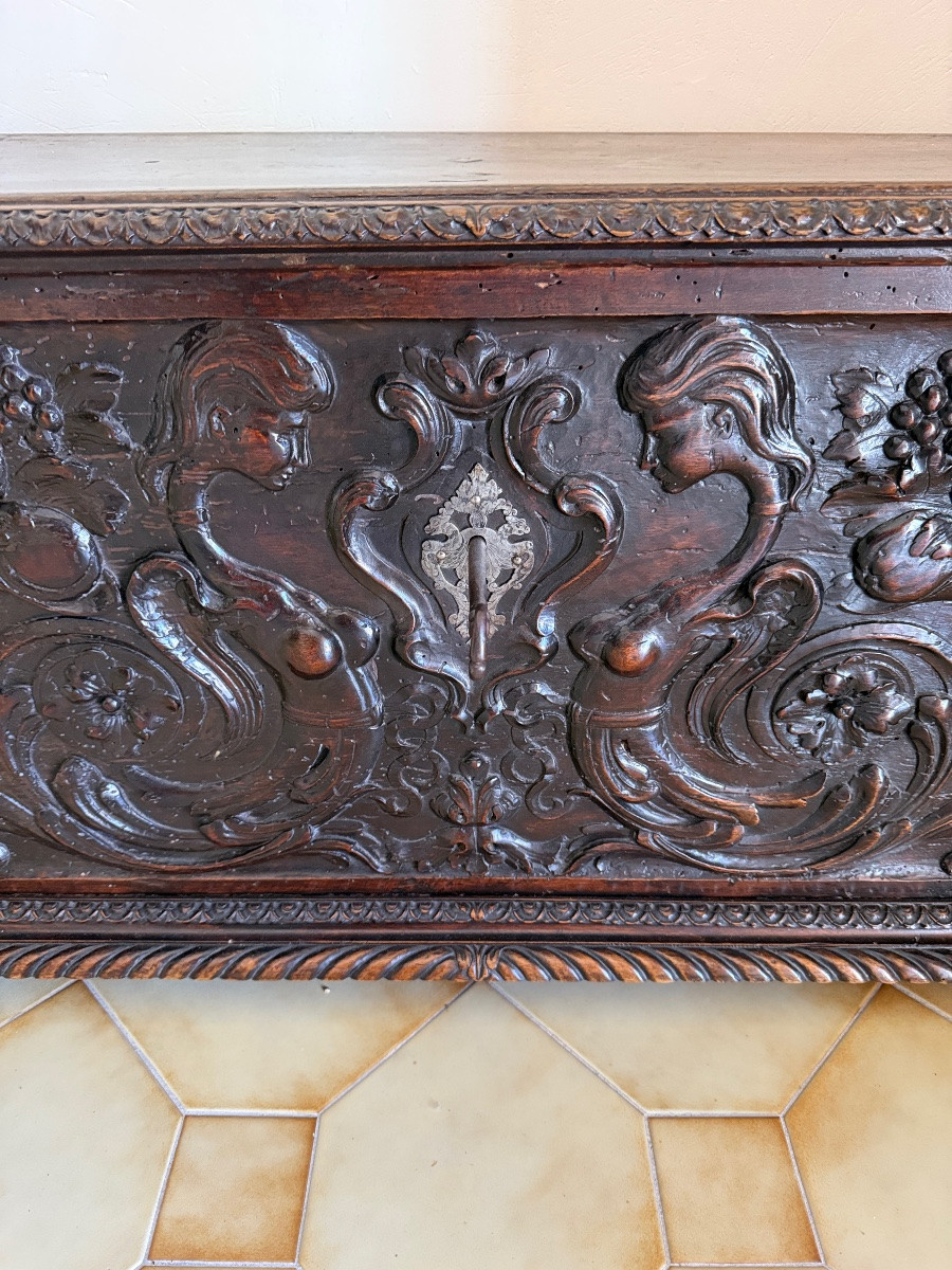 Carved Wood Renaissance Chest With Mythological Decor And Foliage - 17th Century / Renai Style-photo-2