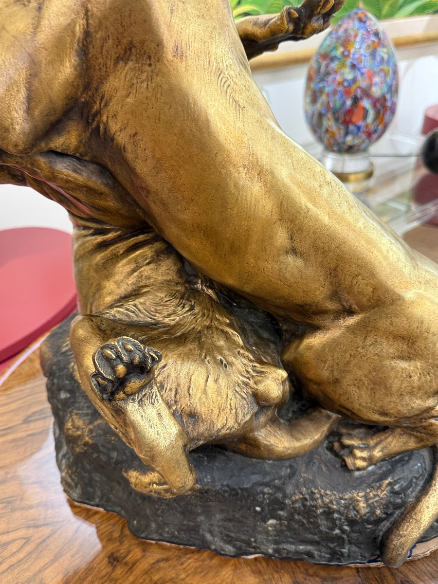 Georges Gardet (1863-1939) Panthers In Combat Large Gilded Bronze Sculpture Thiéba Casting-photo-2