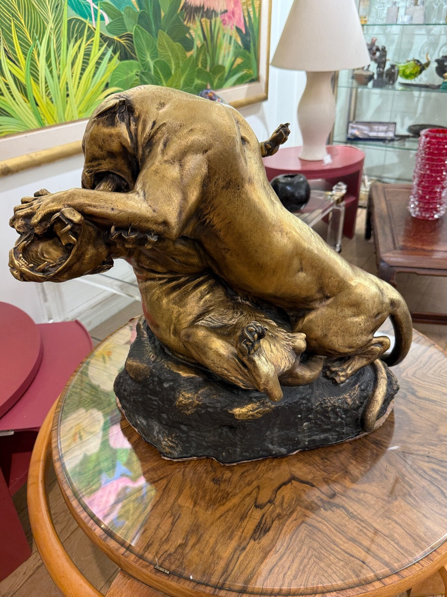 Georges Gardet (1863-1939) Panthers In Combat Large Gilded Bronze Sculpture Thiéba Casting-photo-3