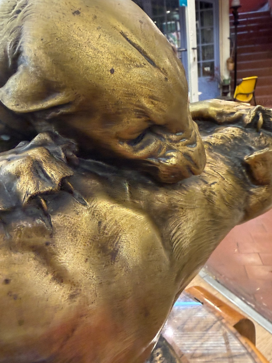Georges Gardet (1863-1939) Panthers In Combat Large Gilded Bronze Sculpture Thiéba Casting-photo-4