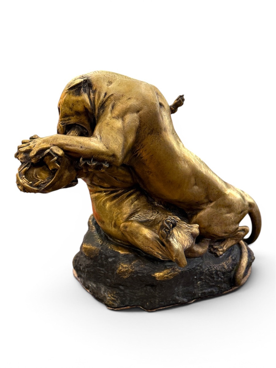 Georges Gardet (1863-1939) Panthers In Combat Large Gilded Bronze Sculpture Thiéba Casting