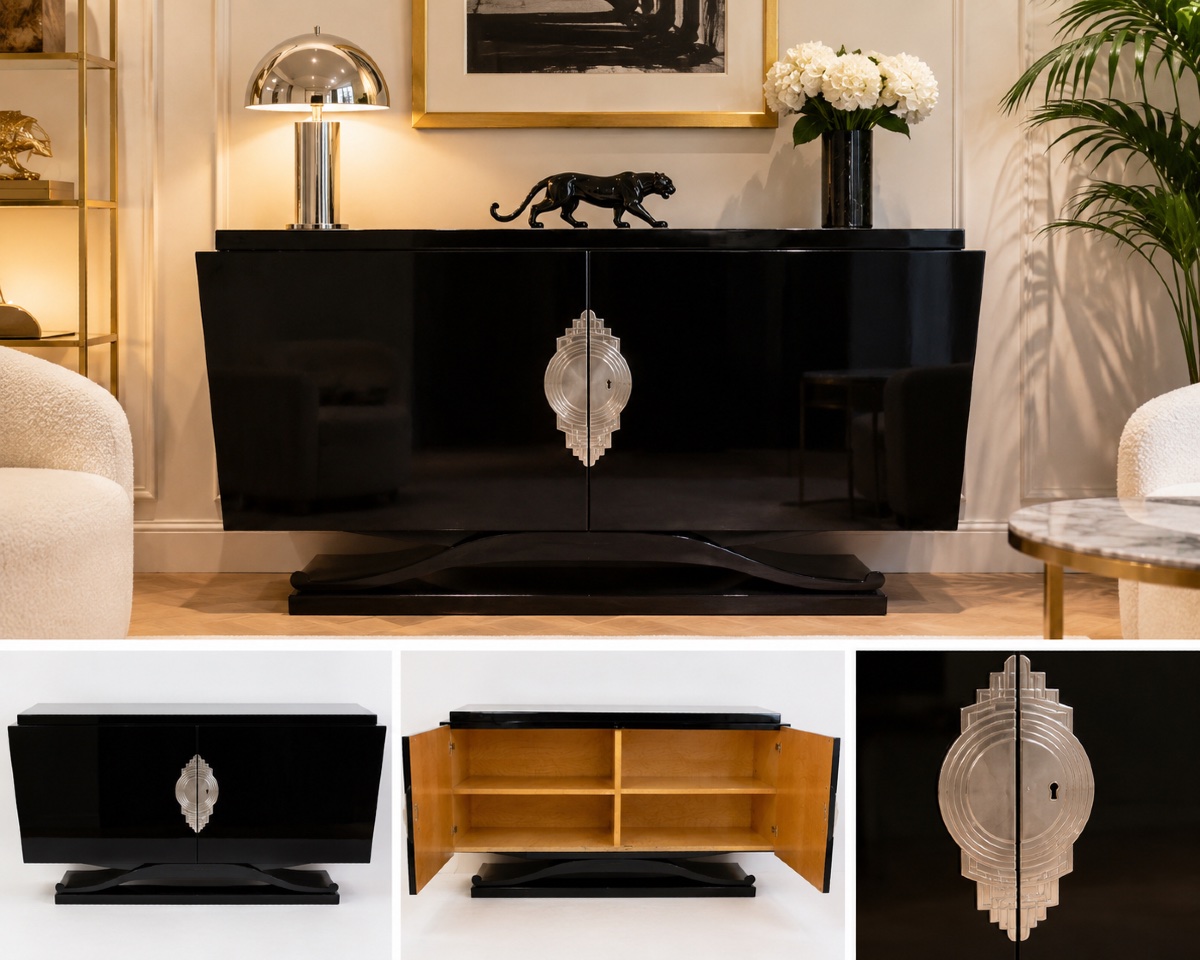 Magnifique buffet de style Art Déco, entièrement laqué noir brillant, en  bel état.