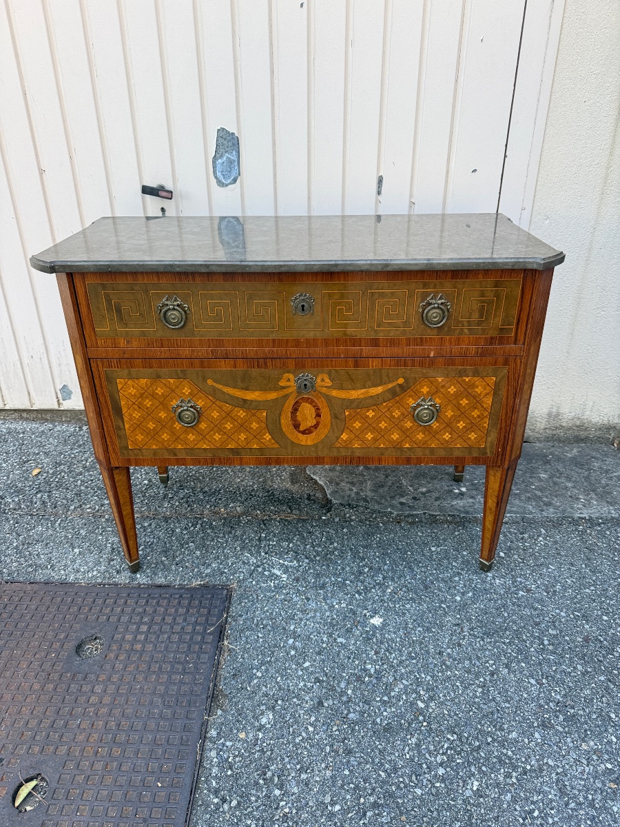 Commode de style Louis XVI en marqueterie, XXᵉ siècle – Plateau de marbre Gris -photo-7