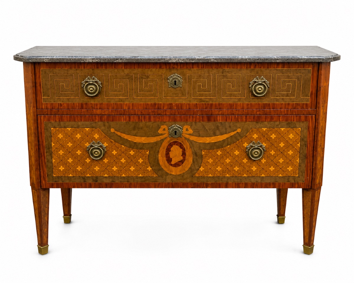 Commode de style Louis XVI en marqueterie, XXᵉ siècle – Plateau de marbre Gris 