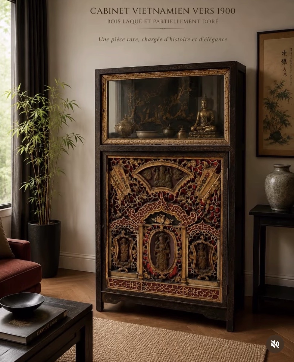 Important Antique Vietnamese Display Cabinet – Circa 1900 – Lacquered And Gilded Wood-photo-4