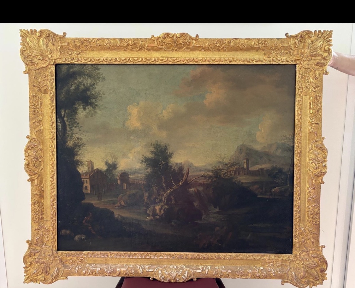 Italian School, C. 1700 – Landscape With A Fortress Near A Waterfall – Oil On Canvas-photo-2