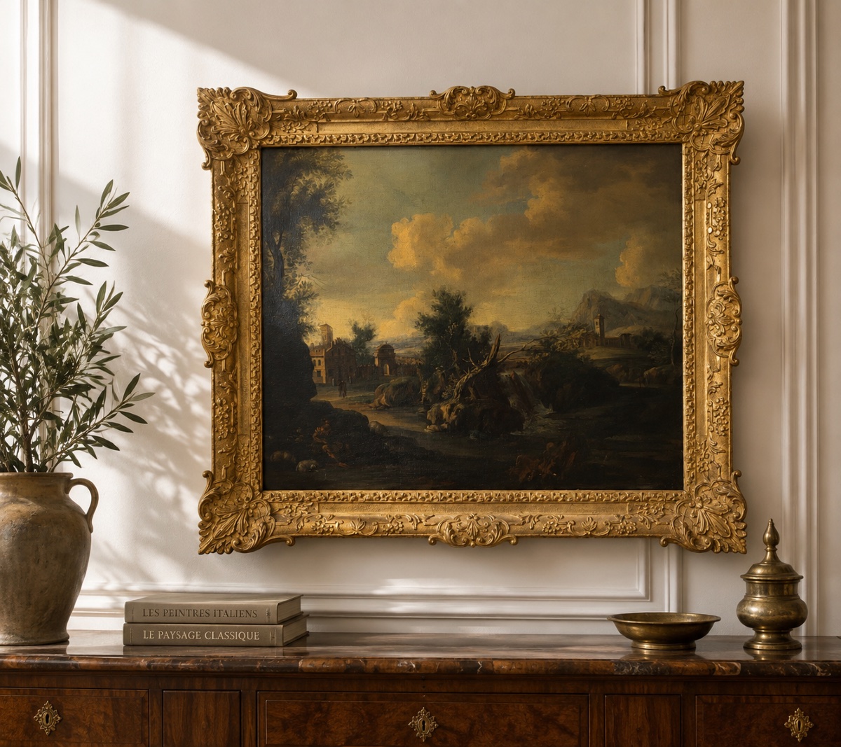Italian School, C. 1700 – Landscape With A Fortress Near A Waterfall – Oil On Canvas-photo-3