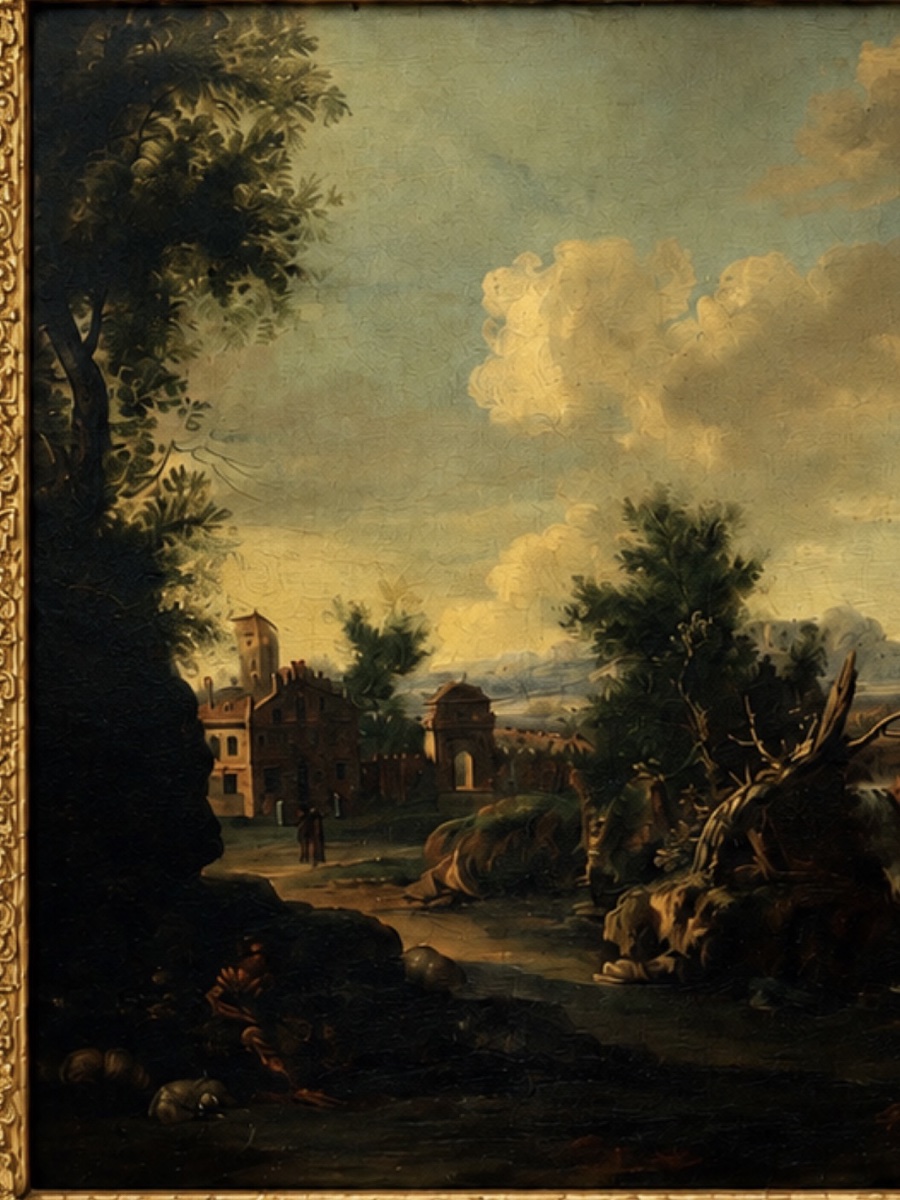 Italian School, C. 1700 – Landscape With A Fortress Near A Waterfall – Oil On Canvas-photo-1