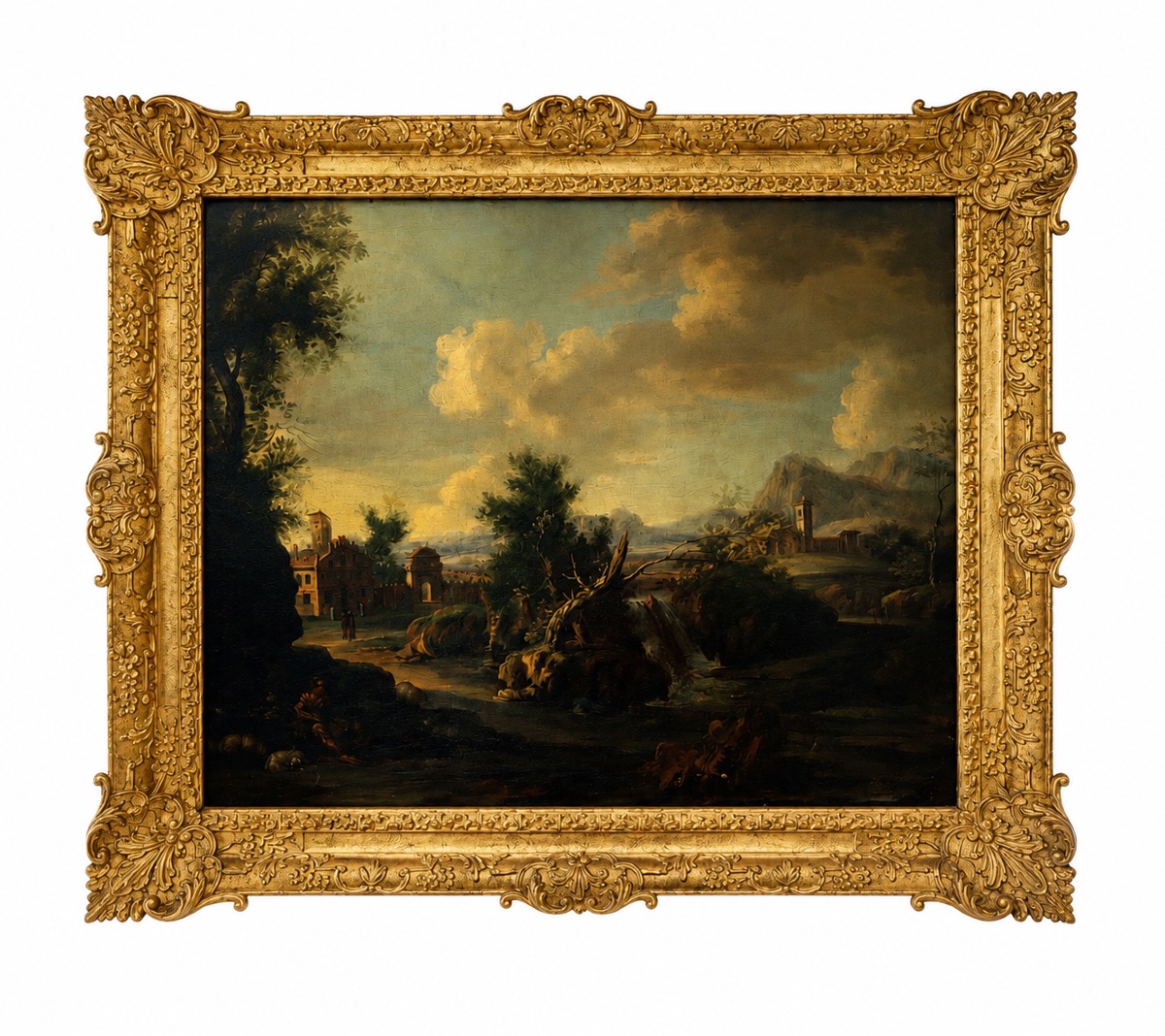 Italian School, C. 1700 – Landscape With A Fortress Near A Waterfall – Oil On Canvas