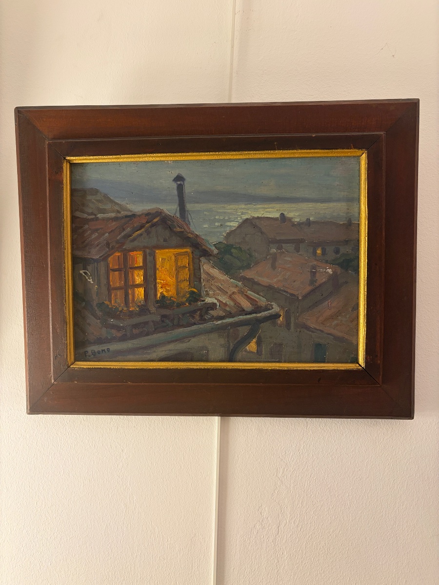 Primitif Bono (1880–1955) – “on A Clear Night, Old Cannes” – Oil On Panel-photo-3