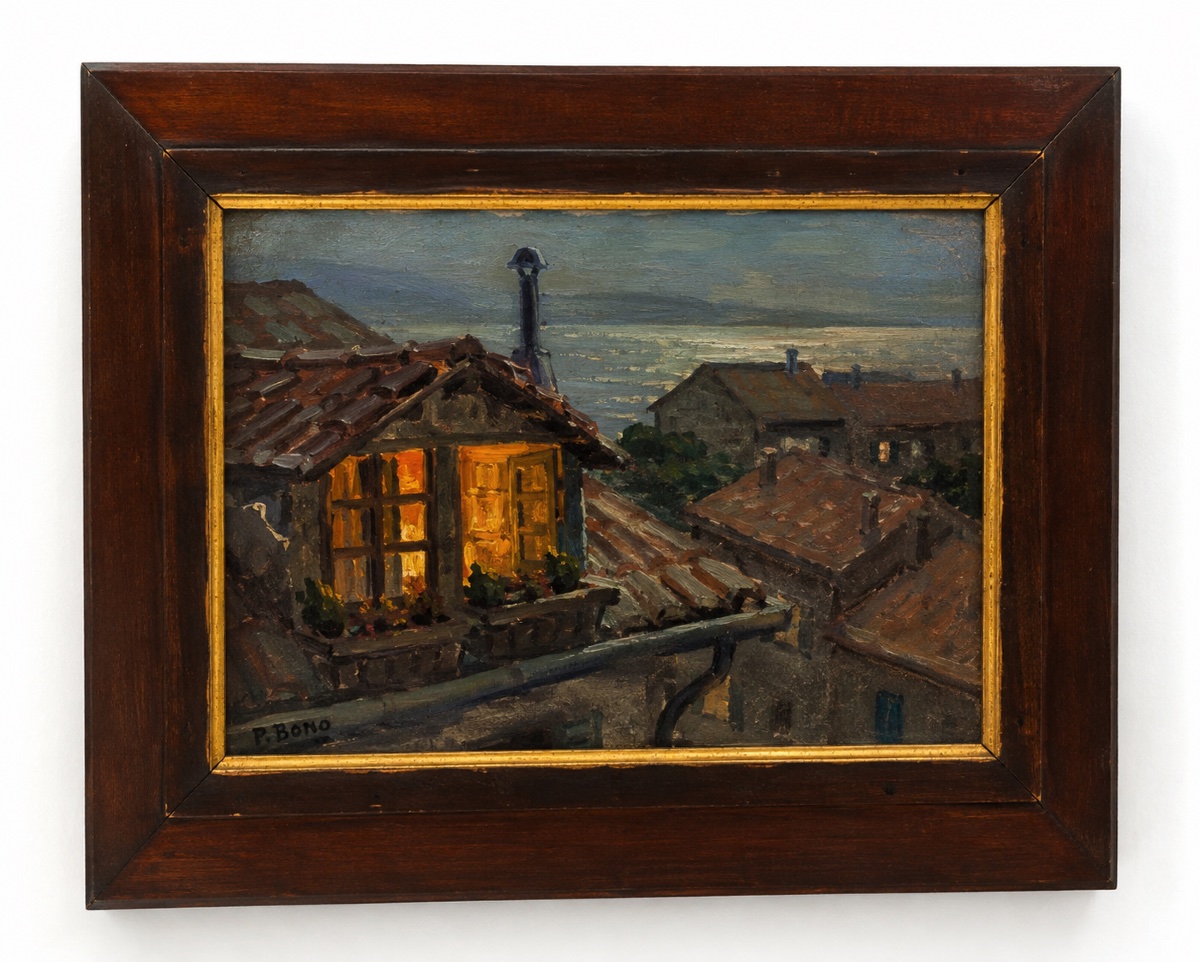 Primitif Bono (1880–1955) – “on A Clear Night, Old Cannes” – Oil On Panel