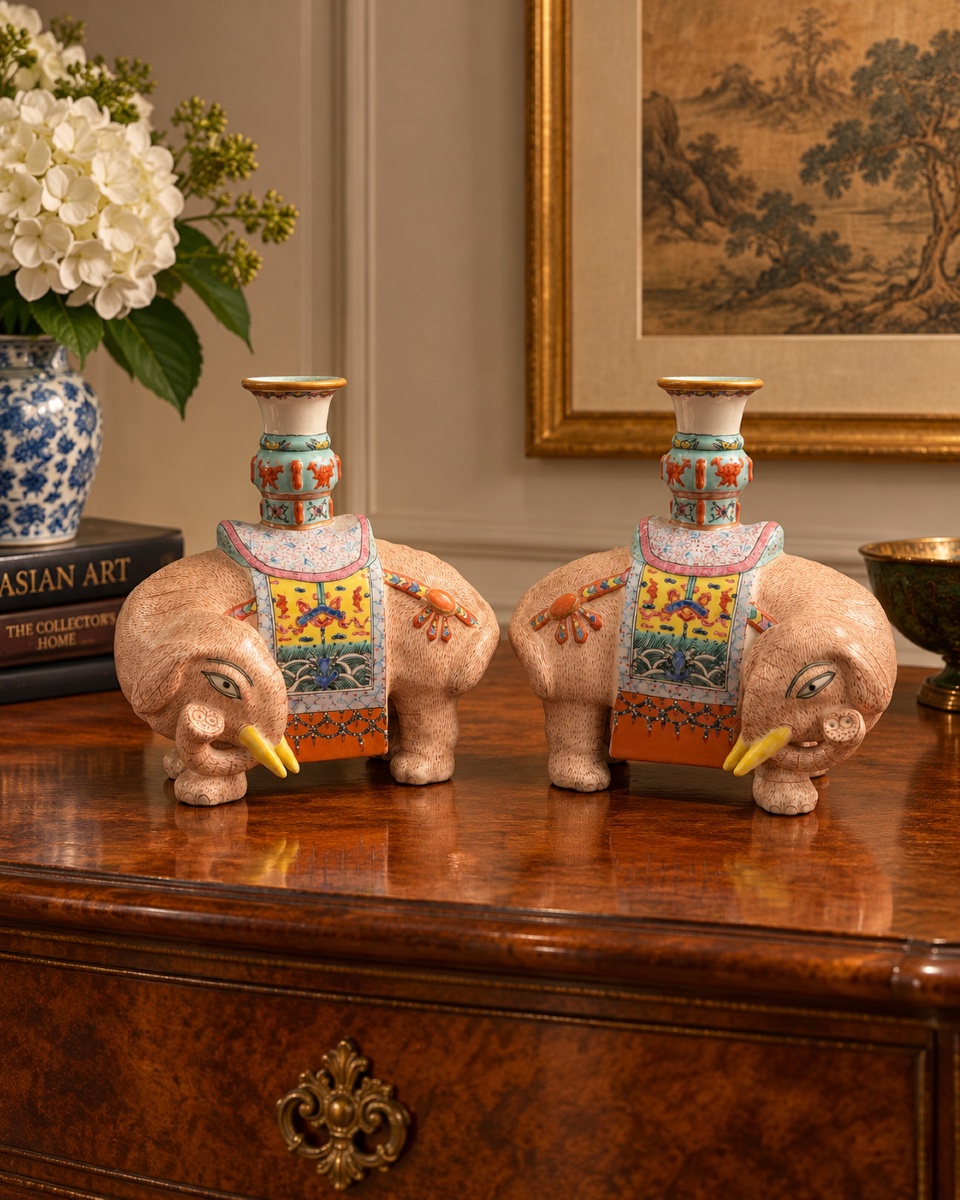 Paire de bougeoirs éléphants en porcelaine de Chine Famille Rose – XIXe/XXe siècle-photo-6