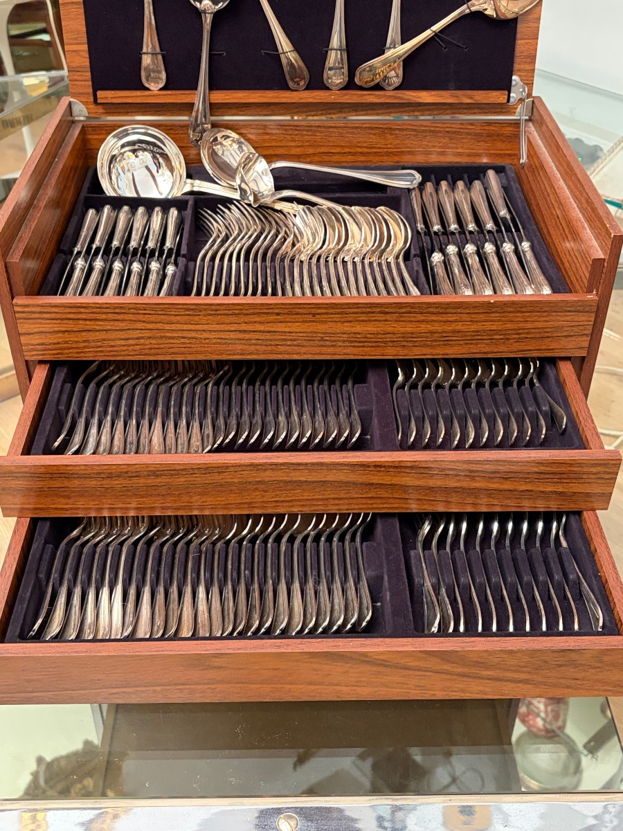 Christofle – Exceptionnelle ménagère Spatours 179 pièces, état neuf, coffret en bois Art déco-photo-4