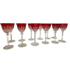 Ensemble De 12 Verres Cristal  Rouge Signé Saint Louis Modèle Tommy 19,8cm 