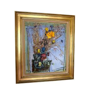 Huile sur toile “pensées et roses jaunes” signé Mac’ Avoy
