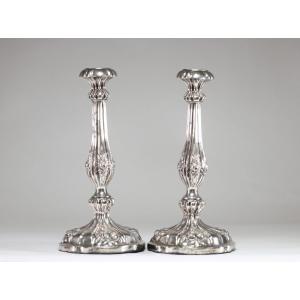  Paire de bougeoirs en argent massif à décor de fleurs XIX eme 