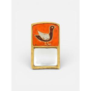 Mithe Espelt 1923-2020 Mirror "stele" With Pediment, Enameled Bird On An Orange Ceramic Background 