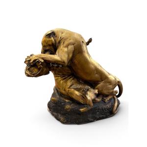 Georges Gardet (1863–1939) Panthères en combat Importante sculpture en bronze doré 