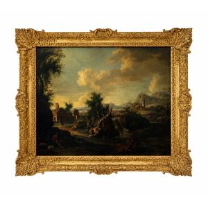 École italienne vers 1700 – Paysage à la forteresse près d’une cascade – Huile sur toile