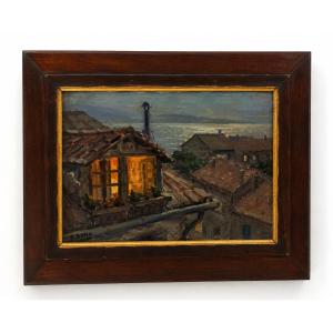 Primitif Bono (1880-1955) – “Par nuit claire, Vieux Cannes” – Huile sur panneau
