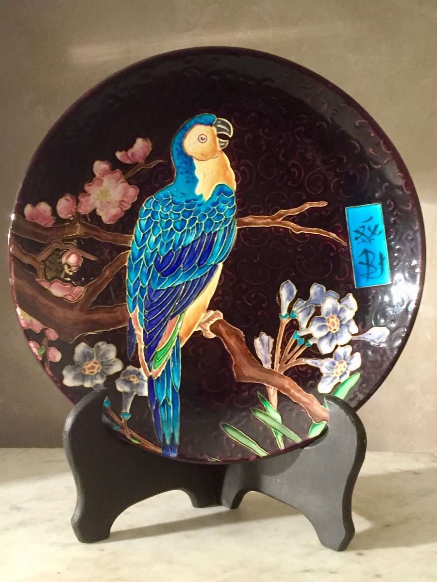 Assiette métal ronde motif perroquet 33 cm