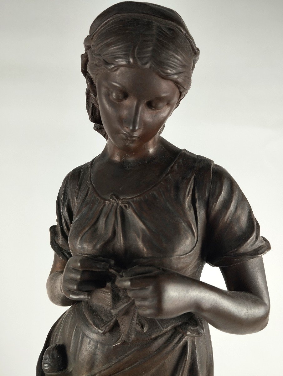Bronze Sculpture "girl Crocheting" Eugène Laurent-photo-1