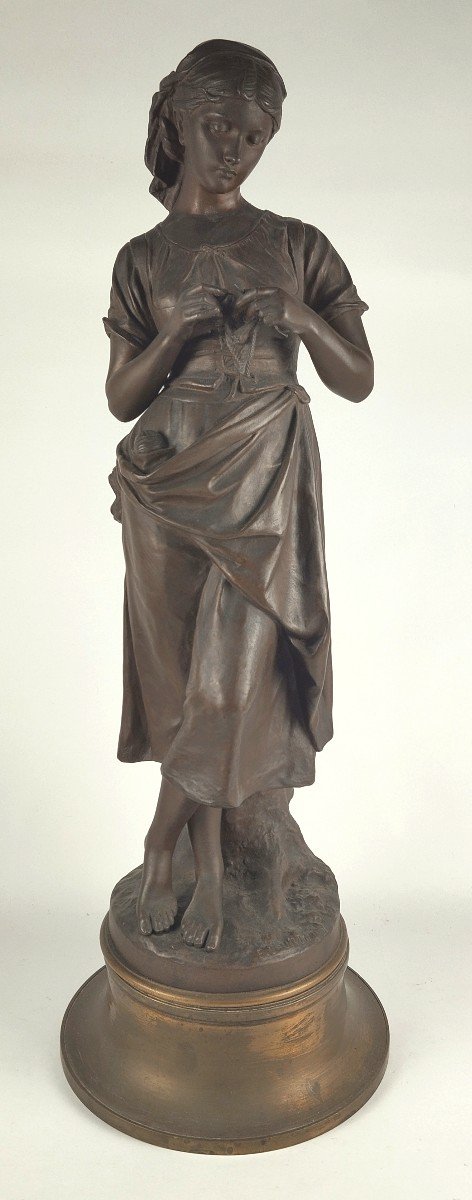 Bronze Sculpture "girl Crocheting" Eugène Laurent