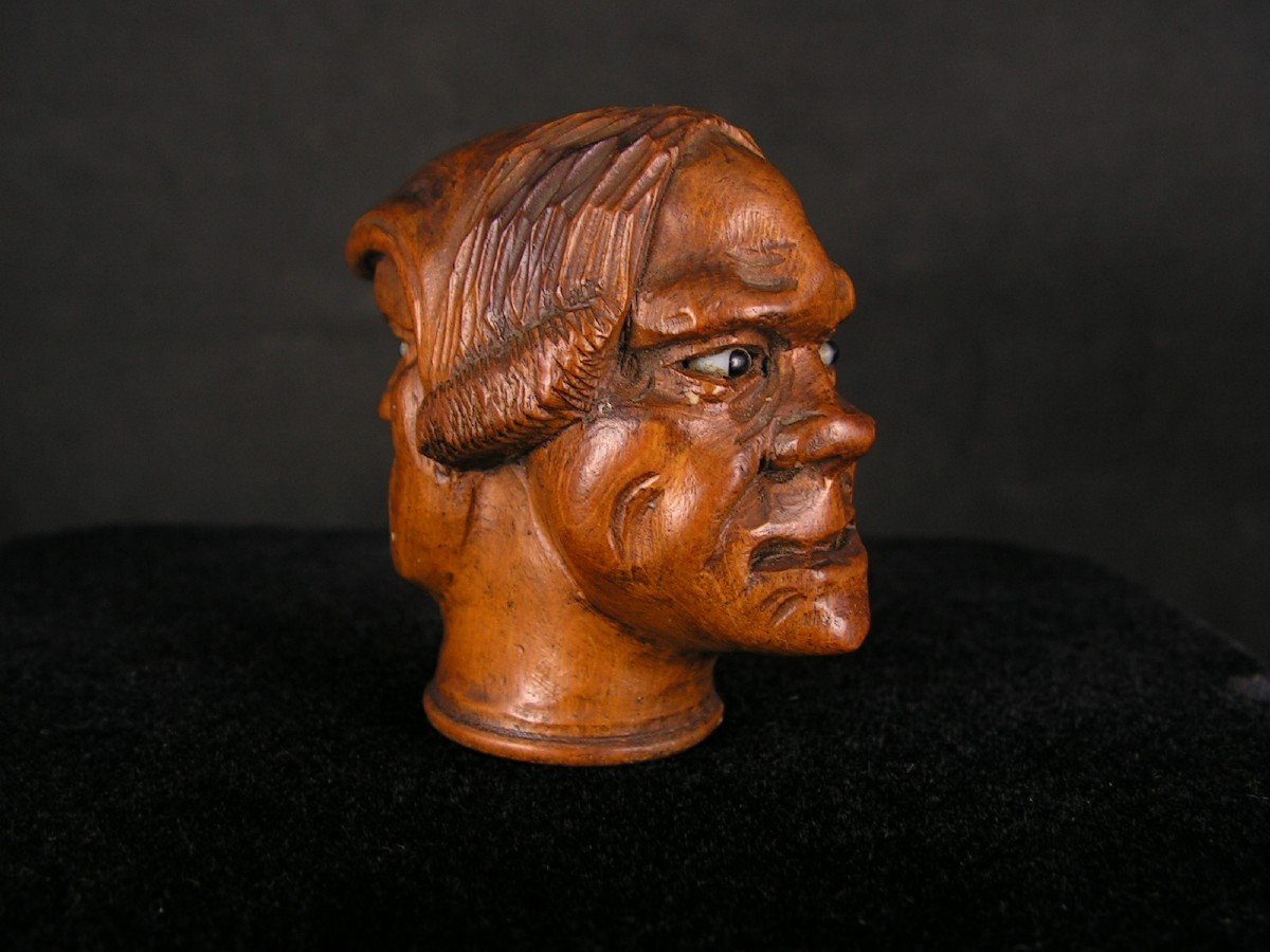 Ancien Pommeau De Canne En Bois A Double Visage Janus,  Yeux En Sulfure-photo-3