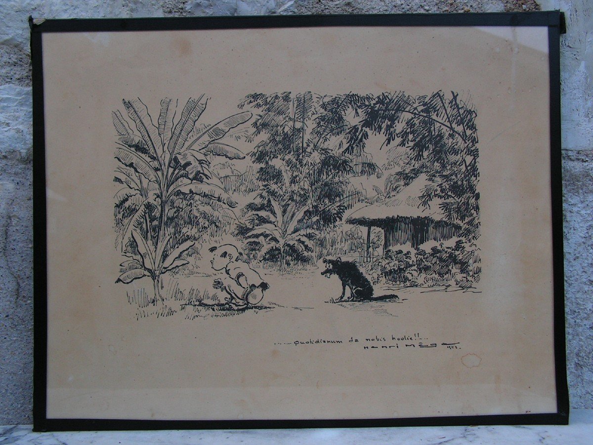 Henri Mege Humorous Drawing In Ink Dated 1953 Vietnam Indochina-photo-2