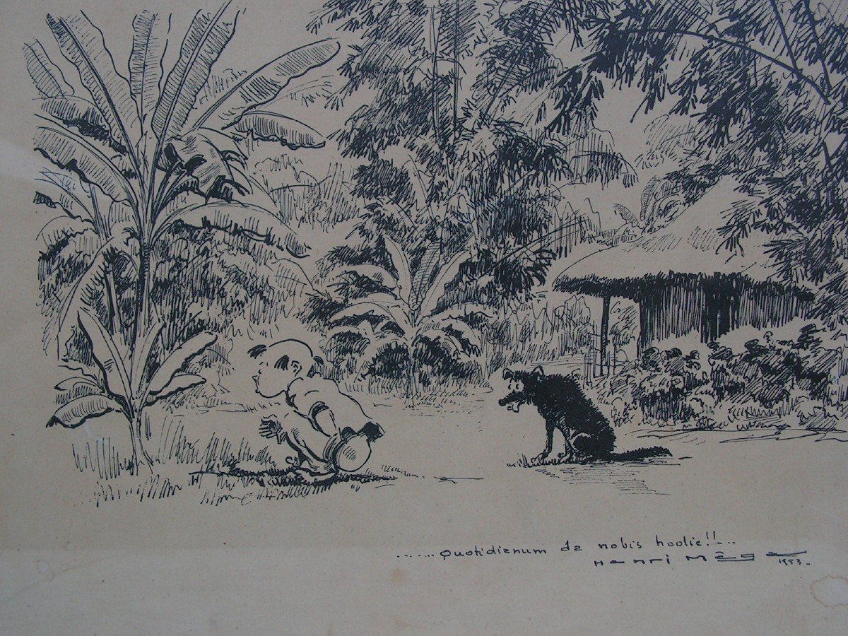 Henri Mege Humorous Drawing In Ink Dated 1953 Vietnam Indochina-photo-3