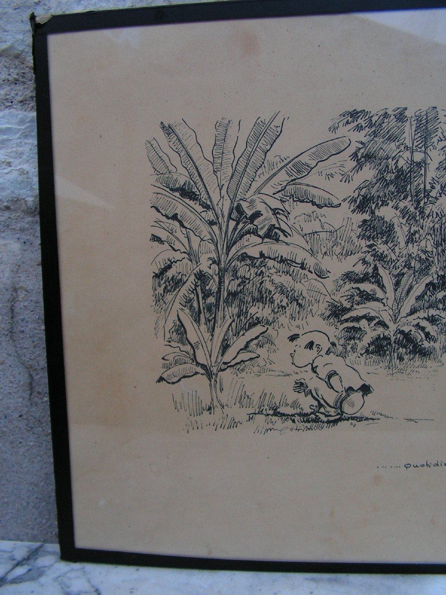 Henri Mege Humorous Drawing In Ink Dated 1953 Vietnam Indochina-photo-1