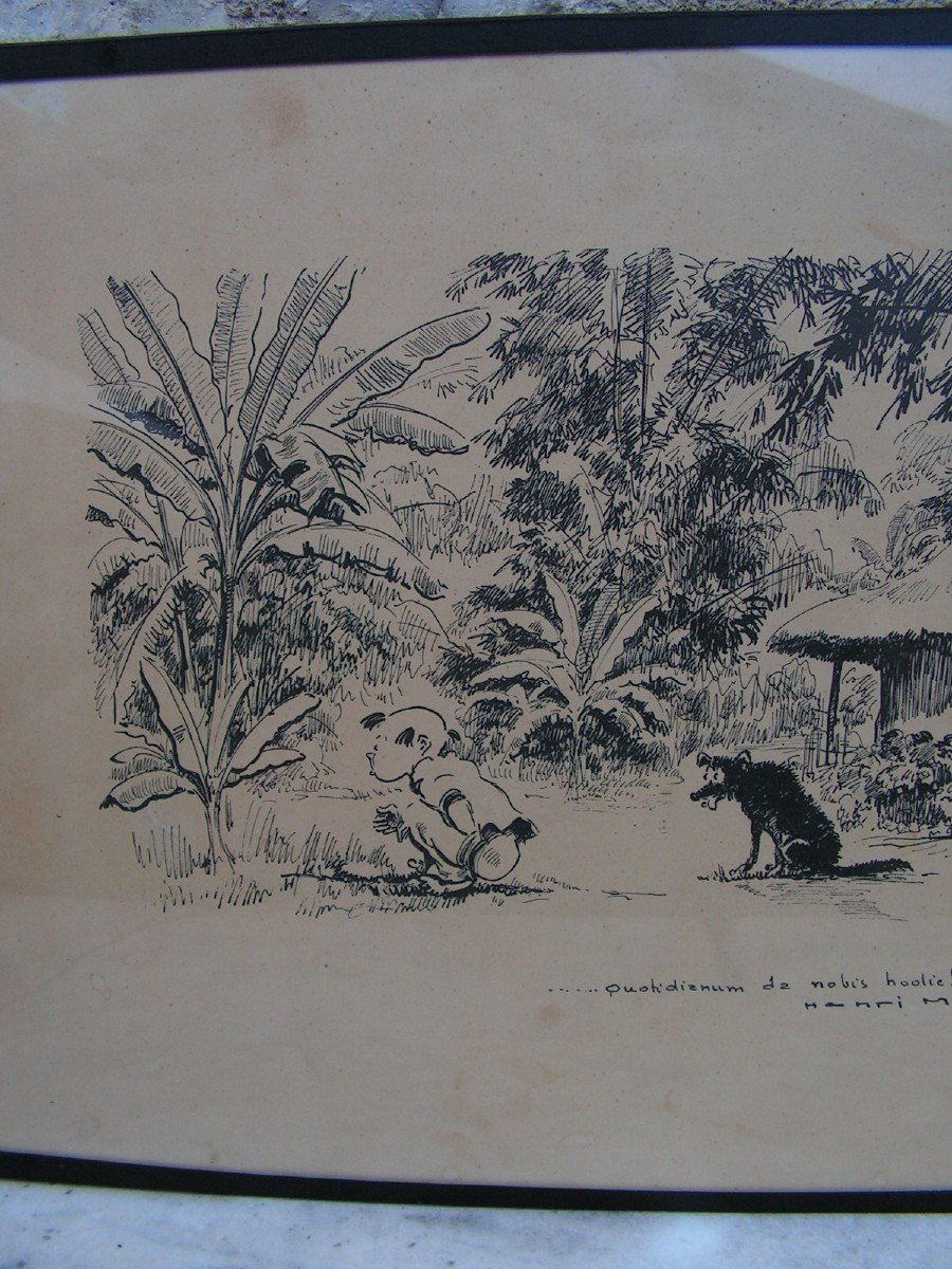 Henri Mege Humorous Drawing In Ink Dated 1953 Vietnam Indochina-photo-2