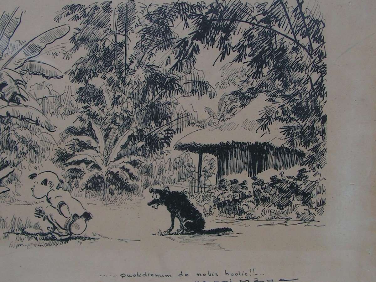 Henri Mege Humorous Drawing In Ink Dated 1953 Vietnam Indochina-photo-3