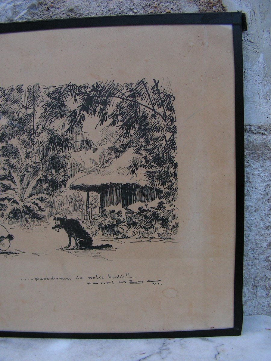 Henri Mege Humorous Drawing In Ink Dated 1953 Vietnam Indochina-photo-4