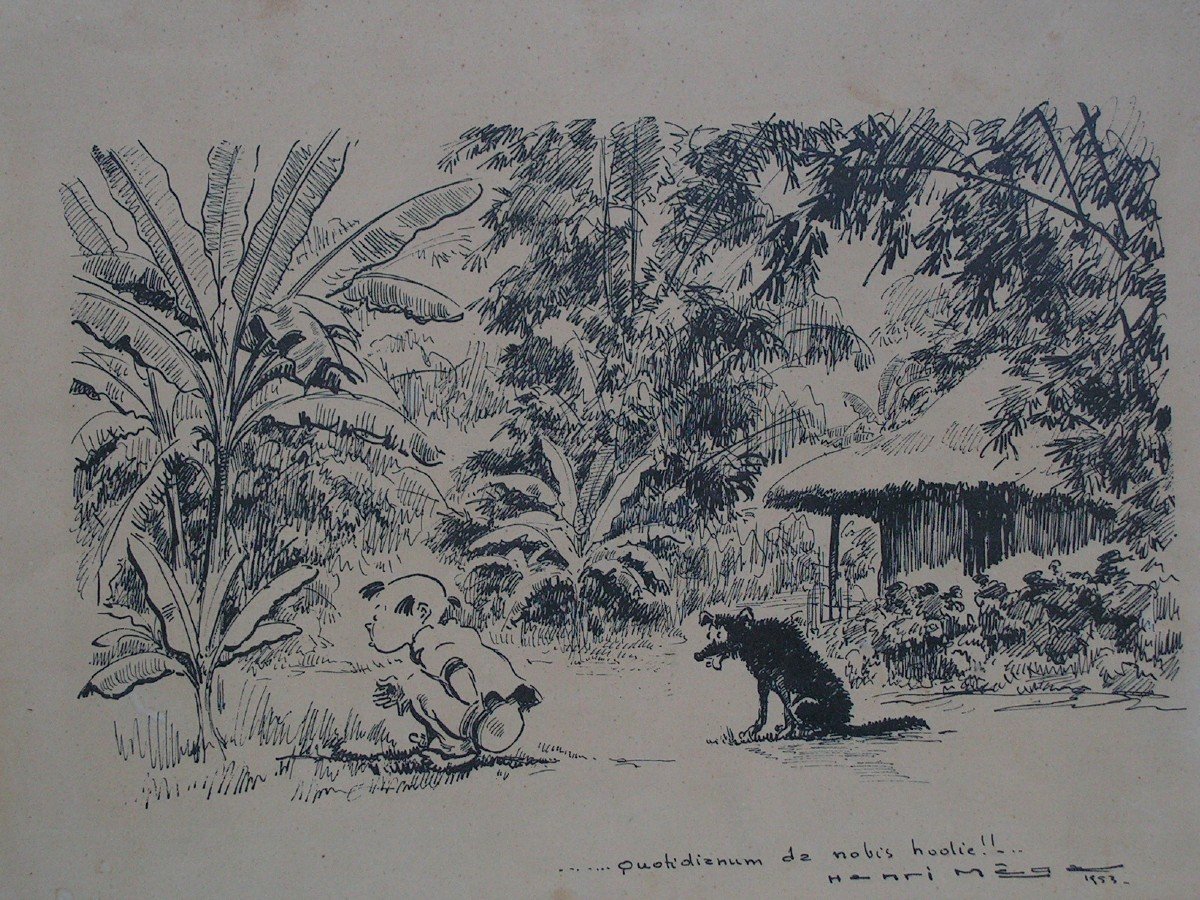Henri Mege Humorous Drawing In Ink Dated 1953 Vietnam Indochina