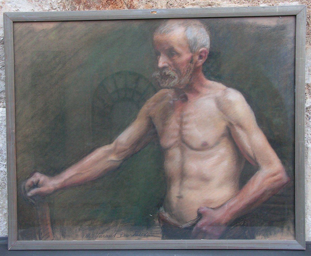 Old Pastel Portrait Of A Bare-chested Man, Artist To Identify -photo-2
