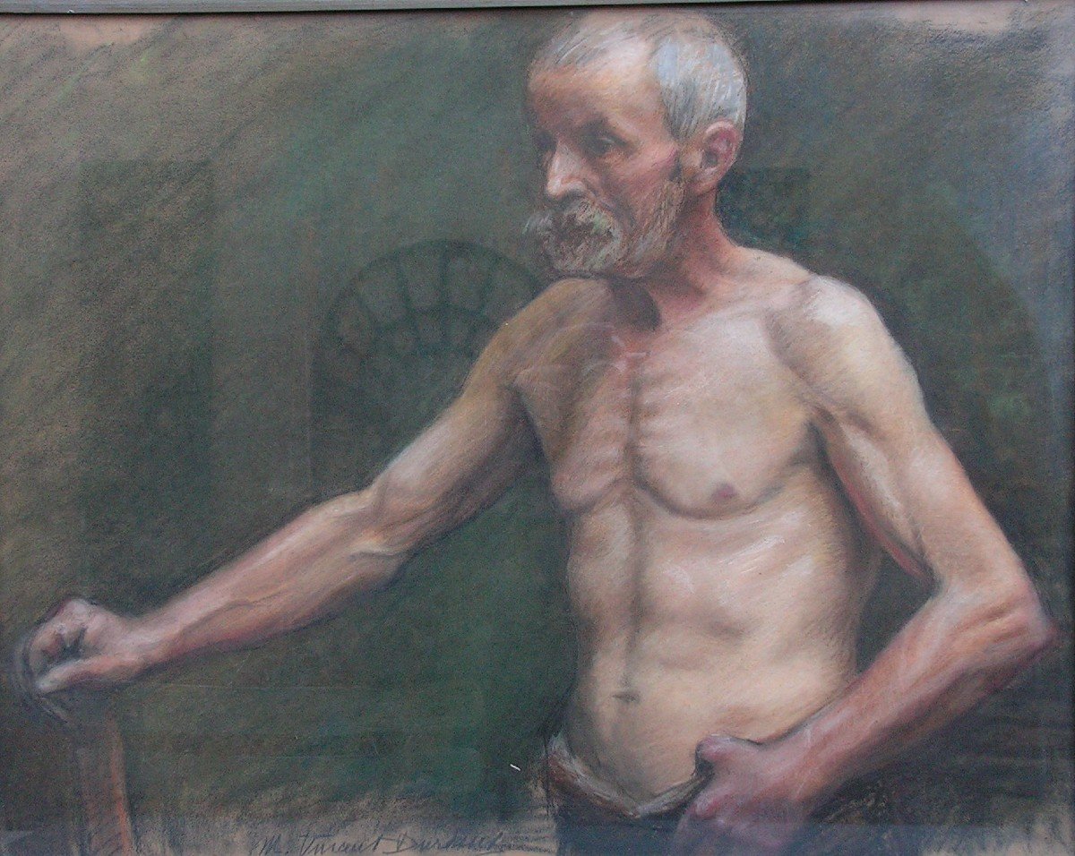 Old Pastel Portrait Of A Bare-chested Man, Artist To Identify 