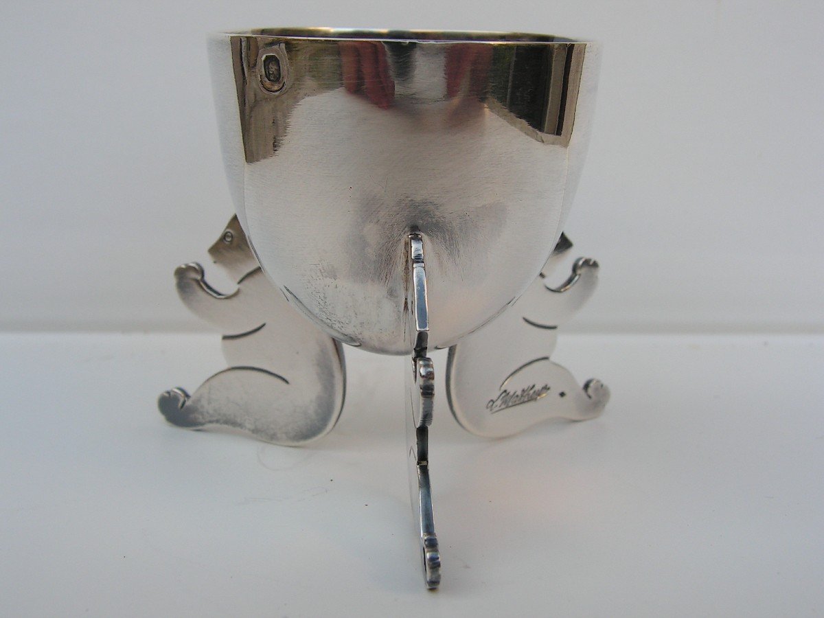 Louis Mathey Art Deco Egg Cup With Bears In Sterling Silver Minerva Hallmark-photo-3