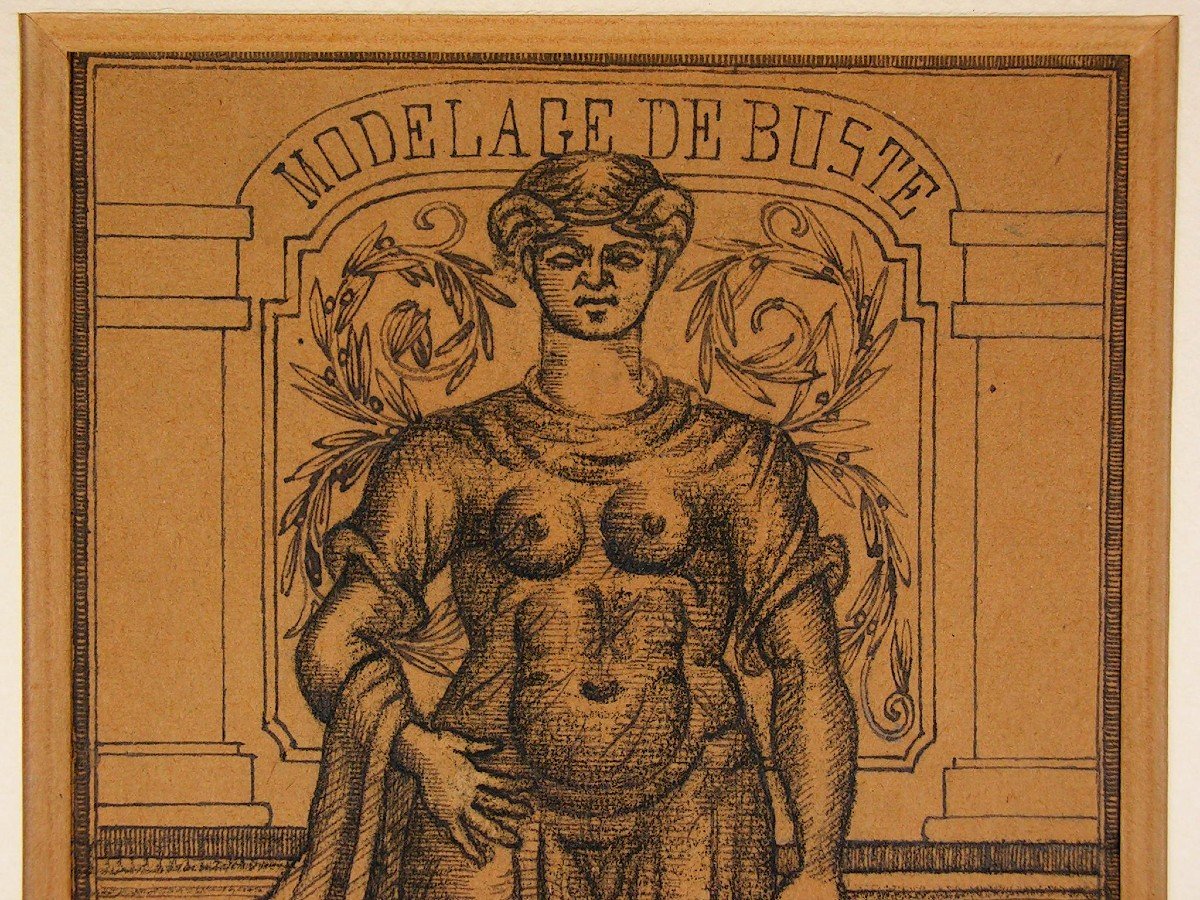 Emile Josome Hodinos Dessin &agrave; l&#039;Encre De Chine XIX&egrave;me Art Brut Femme Nue M&eacute;daille-photo-3