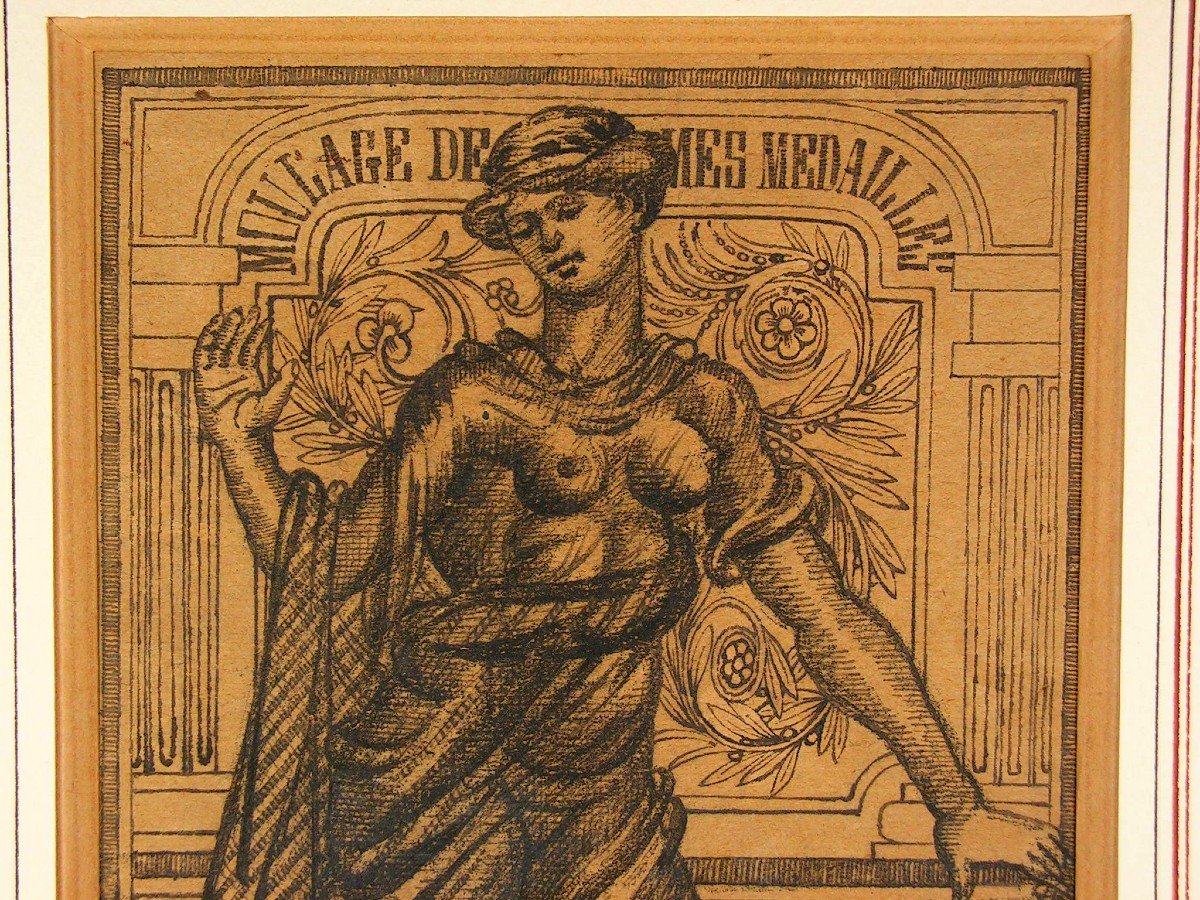 Emile Josome Hodinos Dessin &agrave; l&#039;Encre De Chine XIX&egrave;me Art Brut Femme Nue Medaille-photo-3