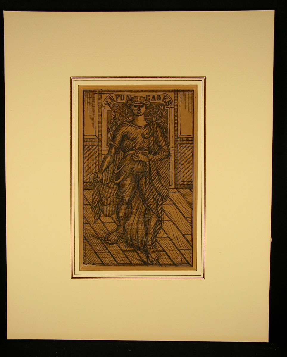 Emile Josome Hodinos Dessin &agrave; l&#039;Encre De Chine XIX&egrave;me Art Brut Femme Nue Medaille-photo-3