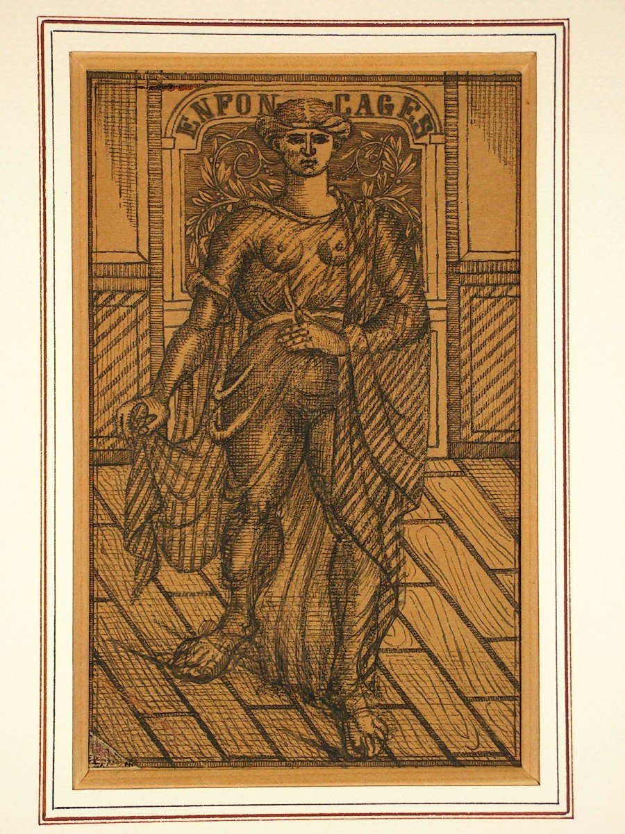 Emile Josome Hodinos Dessin &agrave; l&#039;Encre De Chine XIX&egrave;me Art Brut Femme Nue Medaille