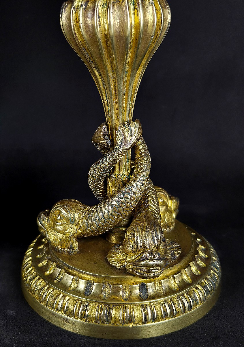 Pair Of Oil Lamps With Dolphins By Claude Jean Pitoin, Gilt Bronze, Baccarat Crystal-photo-2