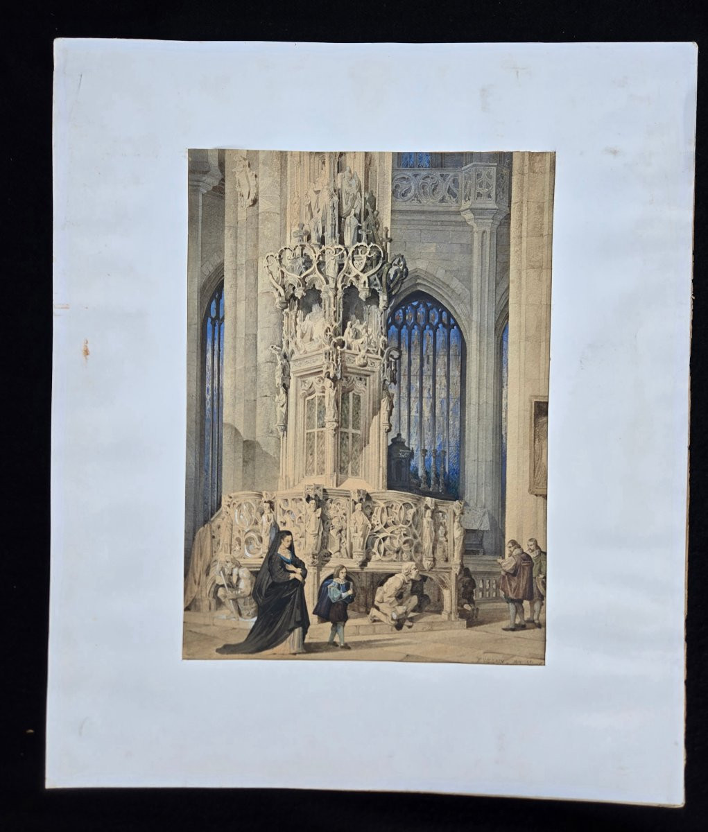 édouard Villain Watercolor Church Interior 1851-photo-2