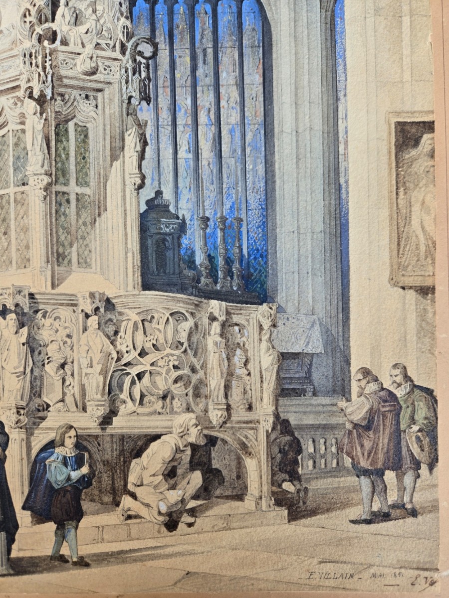 édouard Villain Watercolor Church Interior 1851-photo-4