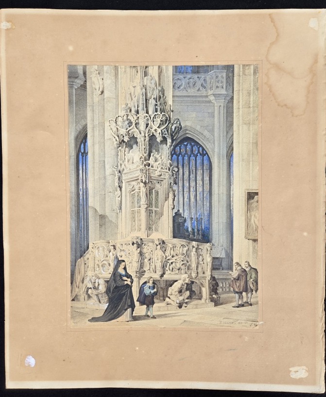 édouard Villain Watercolor Church Interior 1851-photo-1