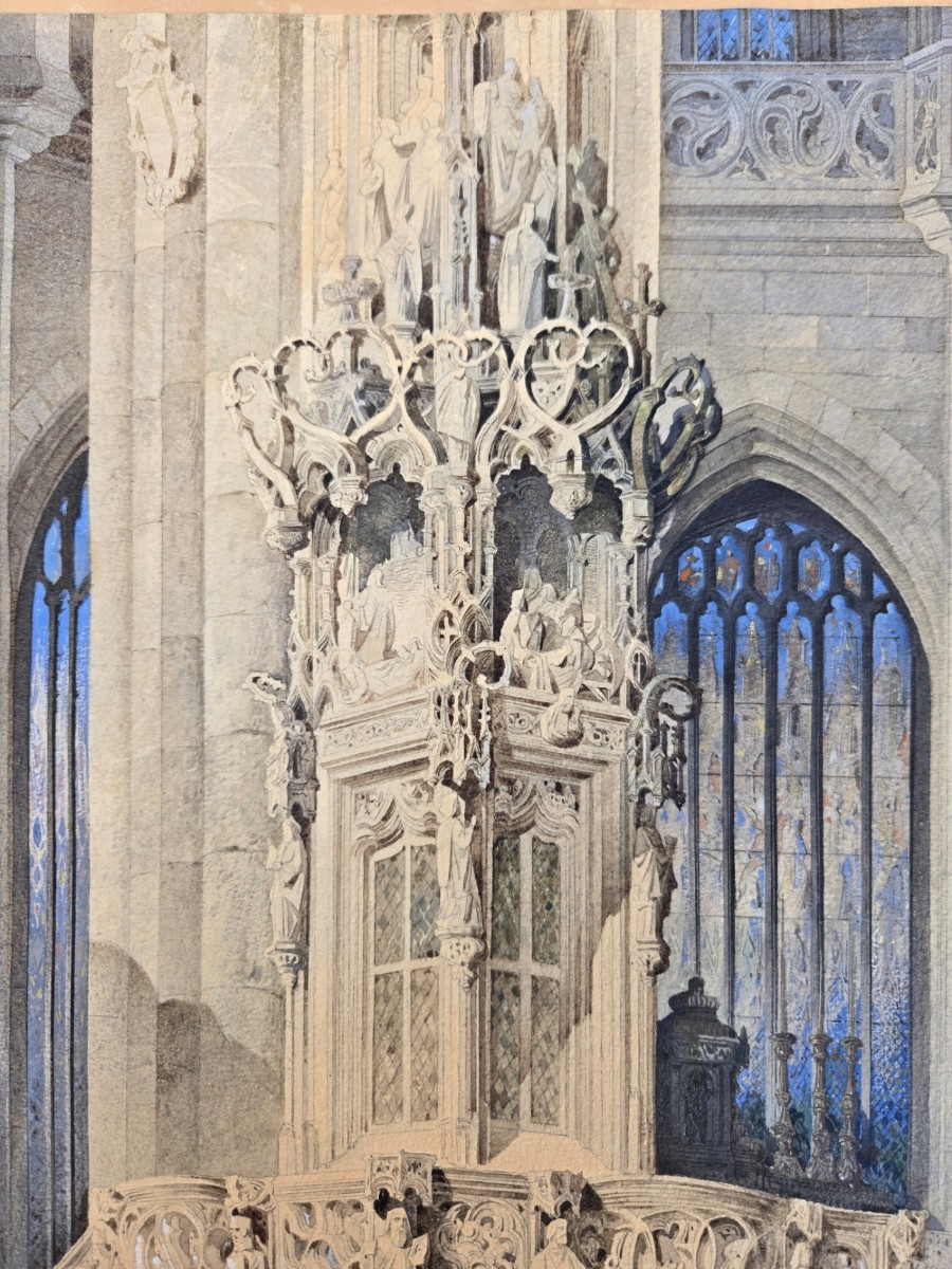 édouard Villain Watercolor Church Interior 1851-photo-2