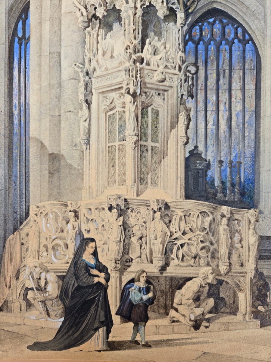 édouard Villain Watercolor Church Interior 1851-photo-3